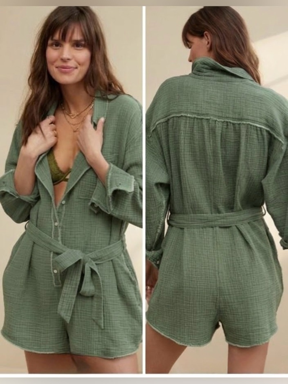 Aerie Gauze Belted Romper Size XS Olive Green Utility Safari Shortalls Jumpsuit